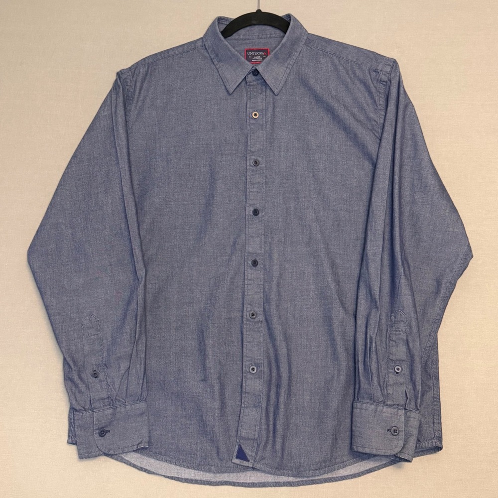 UNTUCKit Mens Blue Chambray Cotton Button Down Shirt Large Long Sleeve Casual